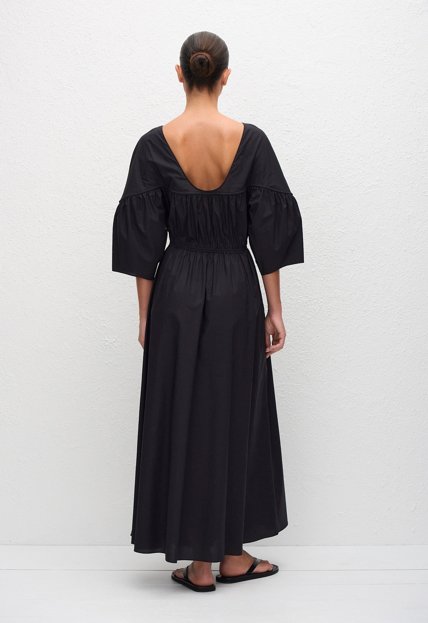 Gathered Yoke Midi Dress - Black - Matteau