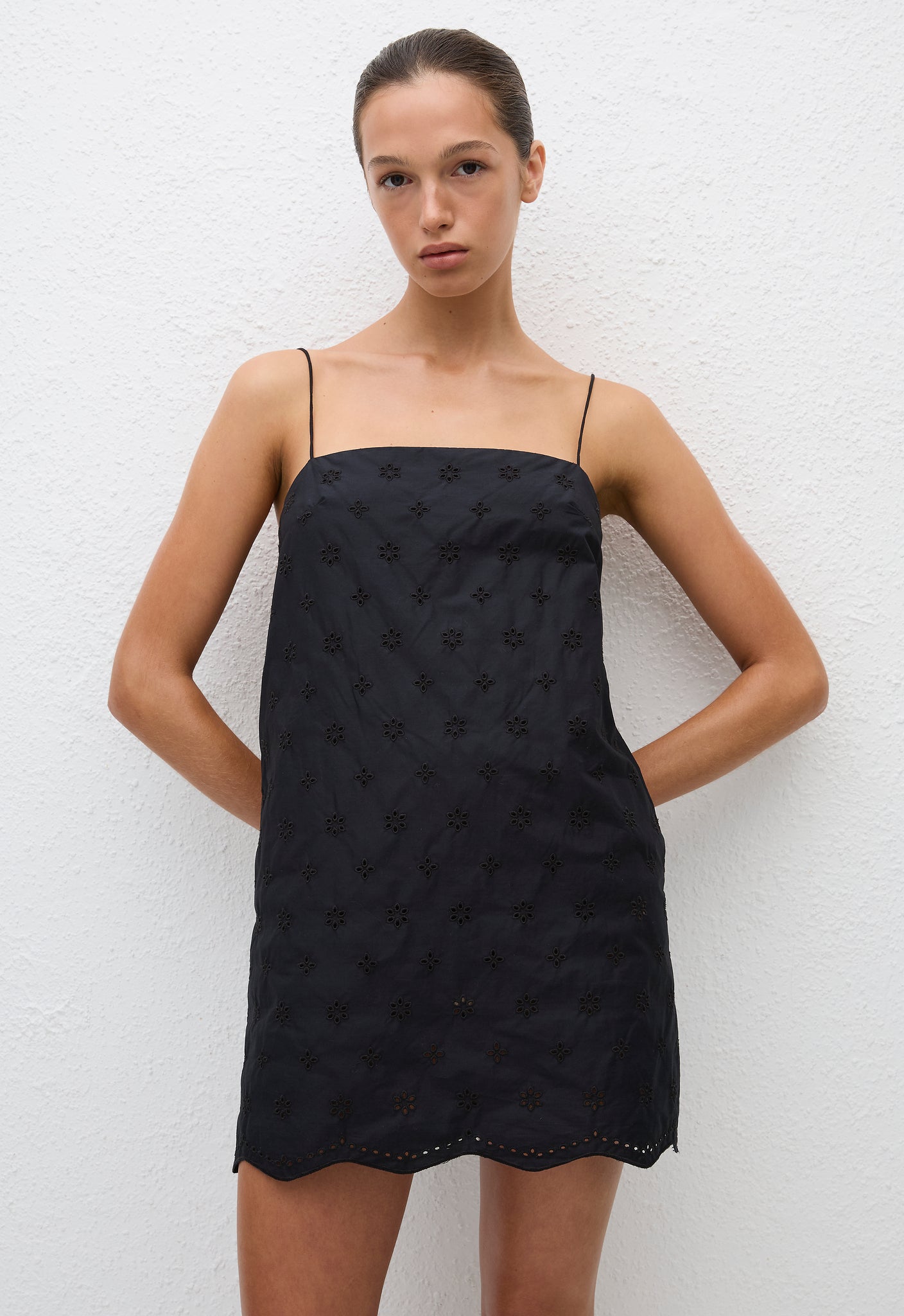 Broderie Shift Mini Dress Floral Broderie (Black) - Matteau