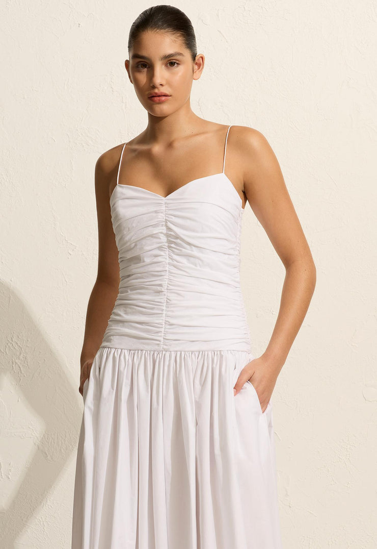 Gathered Drop Waist Dress - White - Matteau