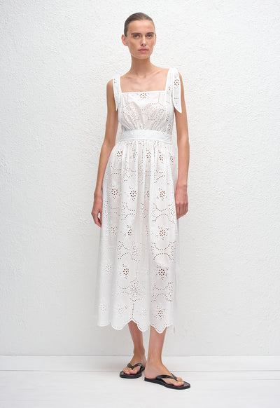 Broderie Apron Midi Dress - White - Matteau