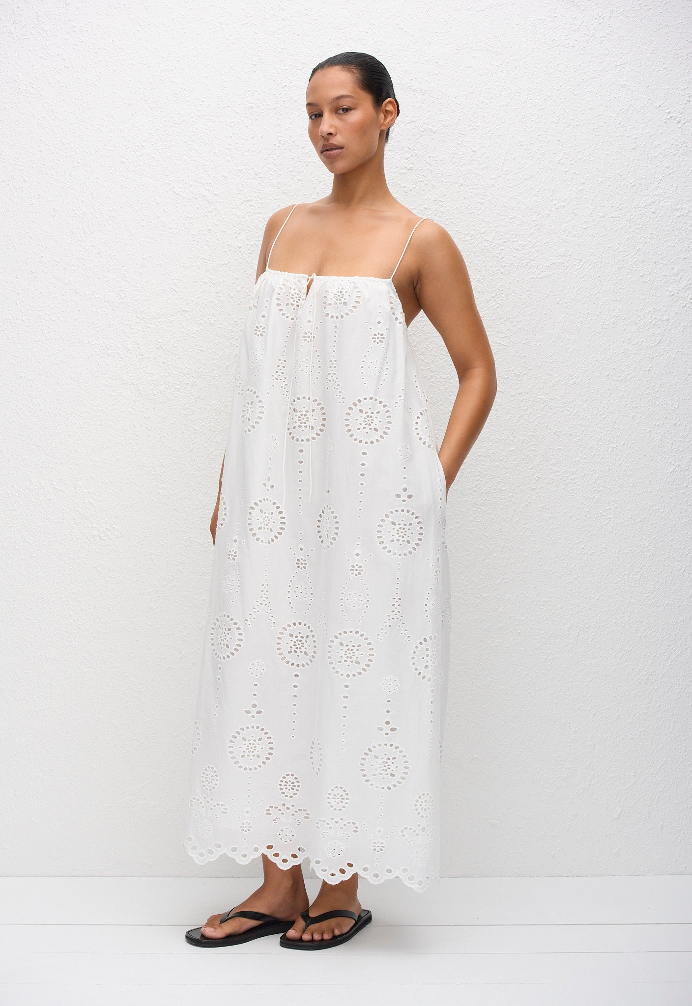 Broderie Cami Midi Dress - White - Matteau