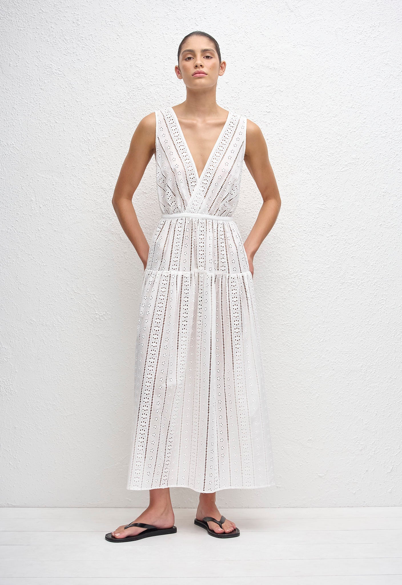 Broderie Plunge Midi Dress - White - Matteau