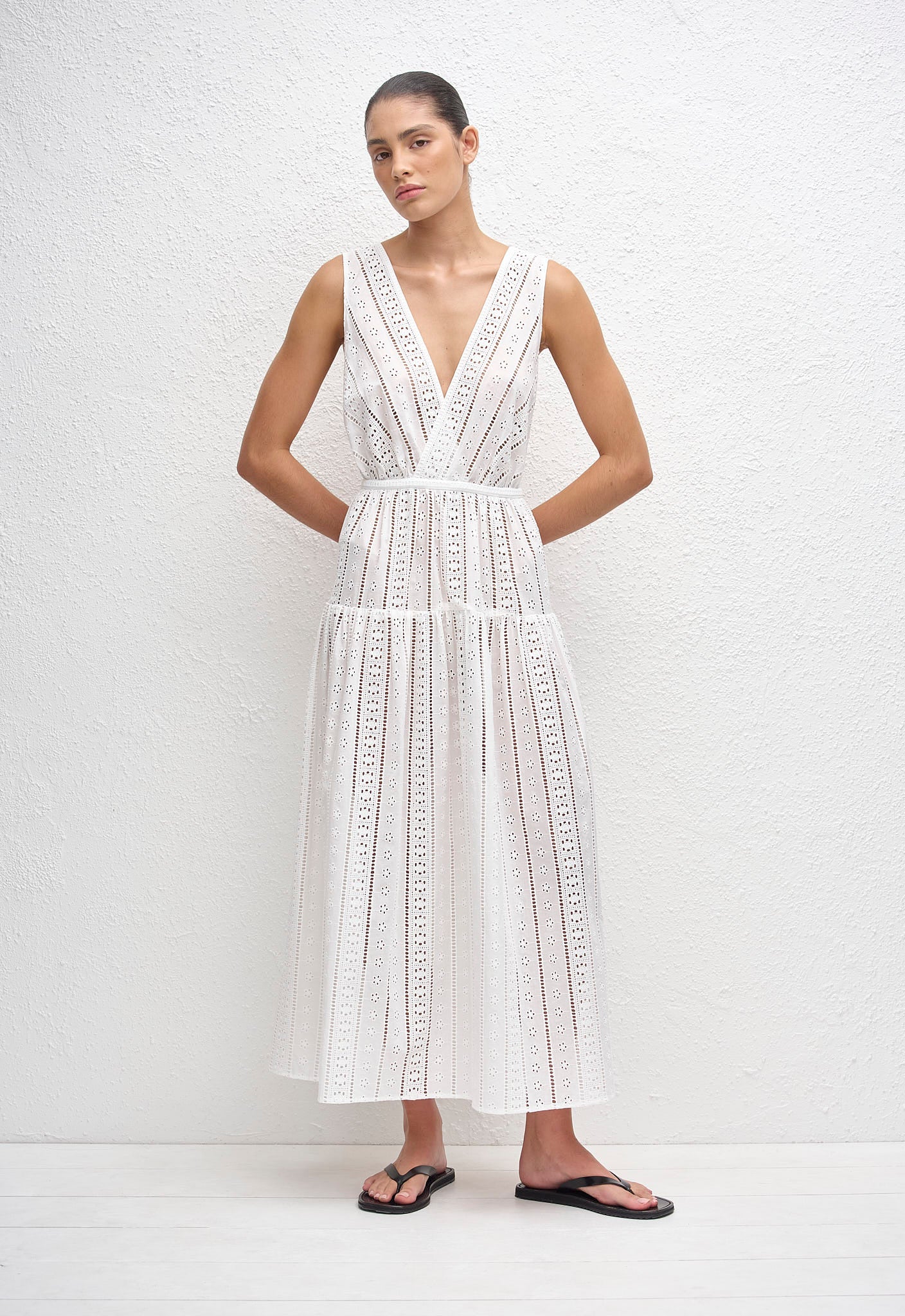 Broderie Plunge Midi Dress - White - Matteau