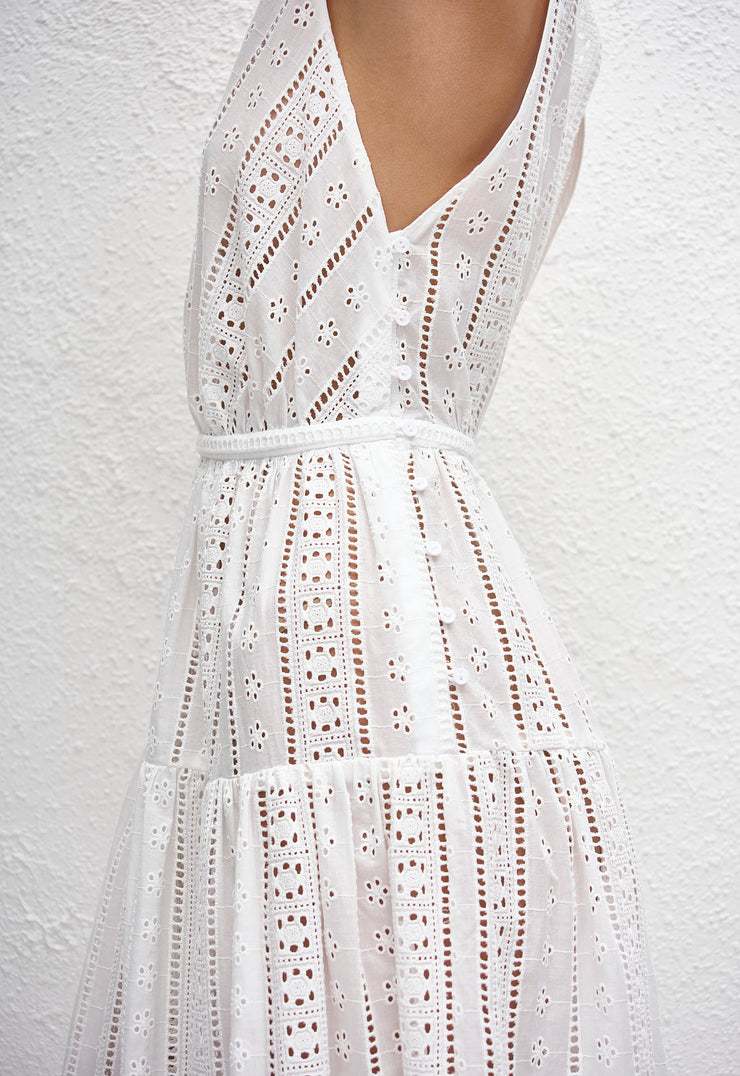 Broderie Plunge Midi Dress - White - Matteau