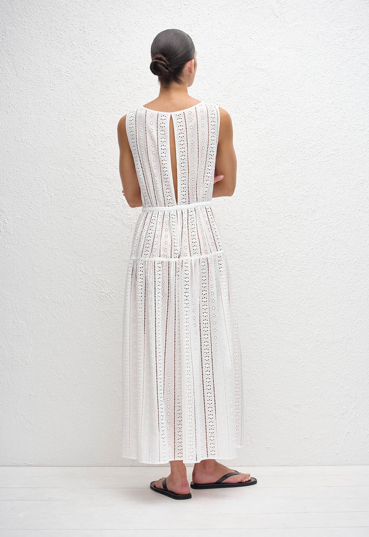Broderie Plunge Midi Dress - White - Matteau