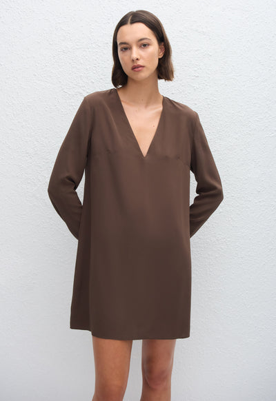 Deep V Mini Dress - Truffle - Matteau