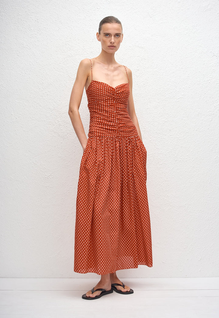 Gathered Drop Waist Dress - Polka Dot (Tomato)