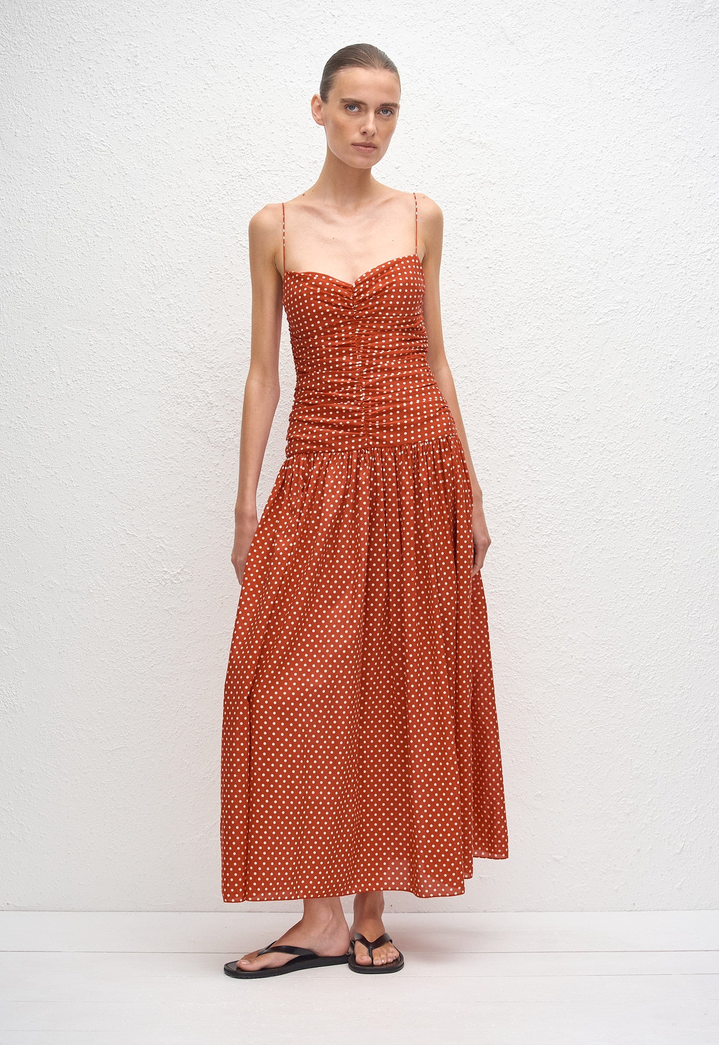 Gathered Drop Waist Dress - Polka Dot (Tomato)