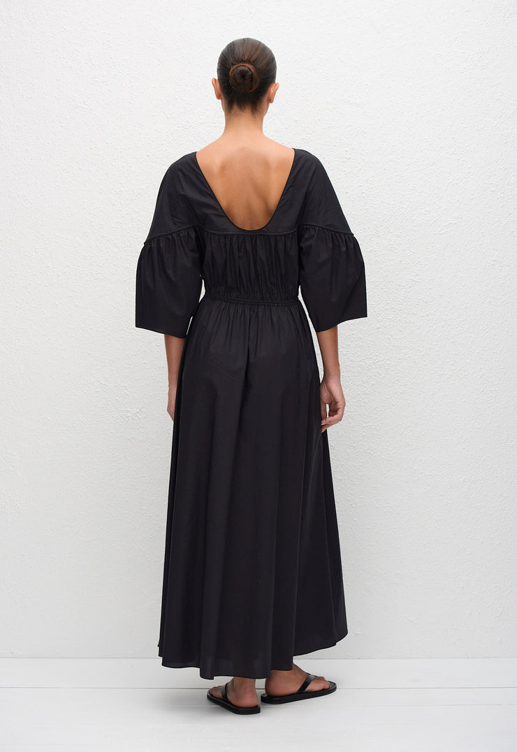 Gathered Yoke Midi Dress - Black - Matteau