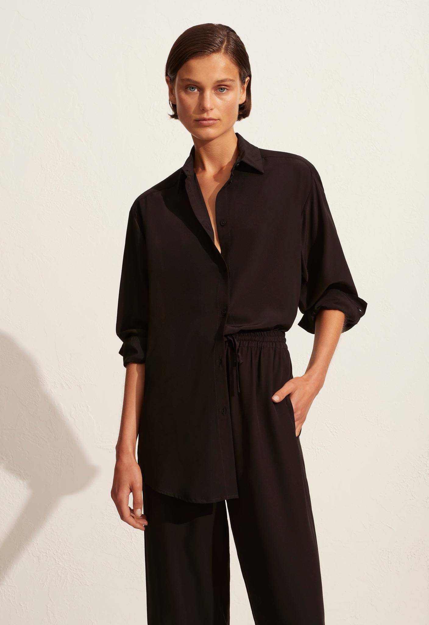 Long Sleeve Silk Shirt - Black - Matteau