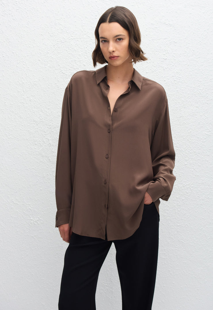 Long Sleeve Silk Shirt - Truffle - Matteau