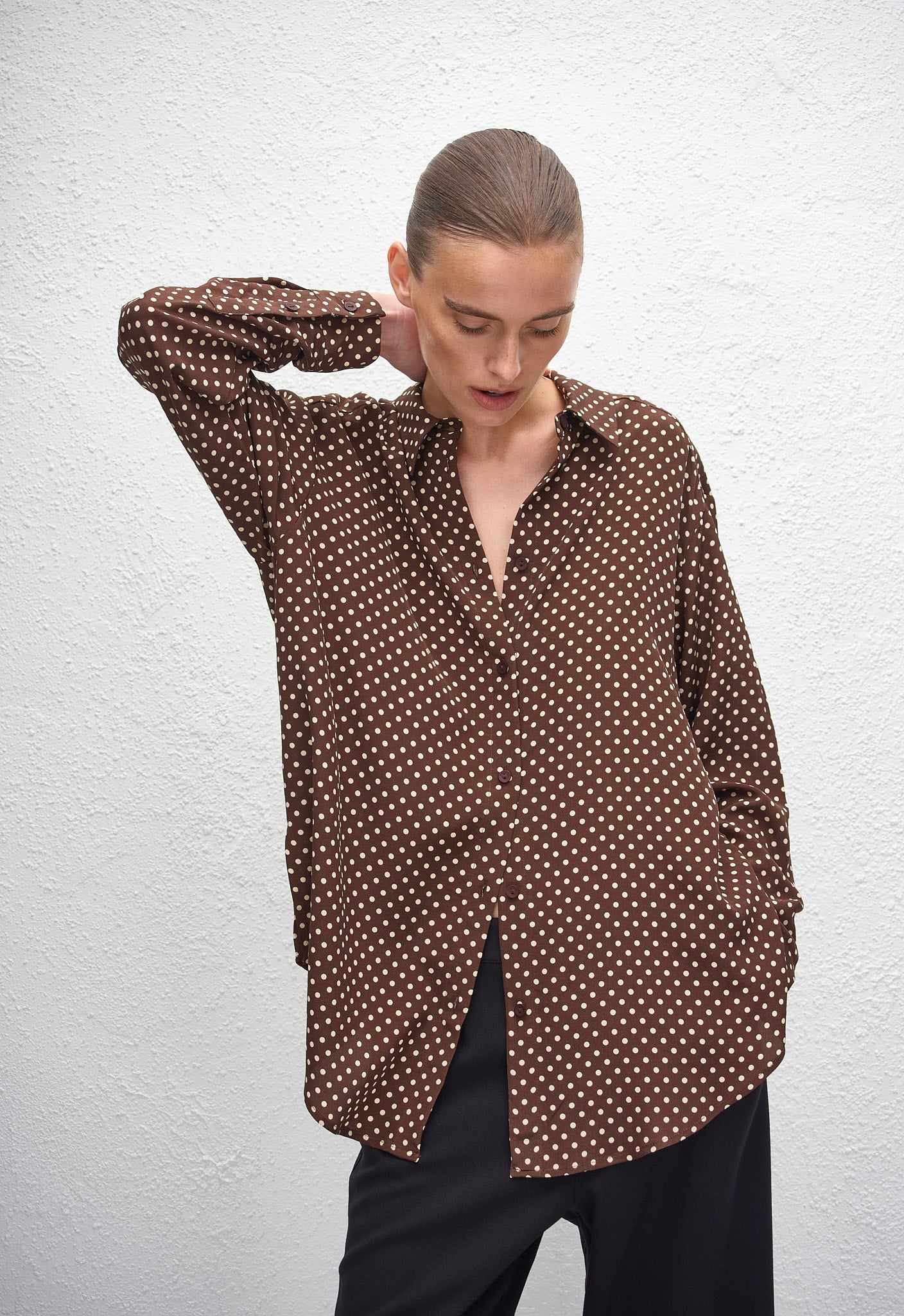 Long Sleeve Silk Shirt - Polka Dot (Chocolate) - Matteau