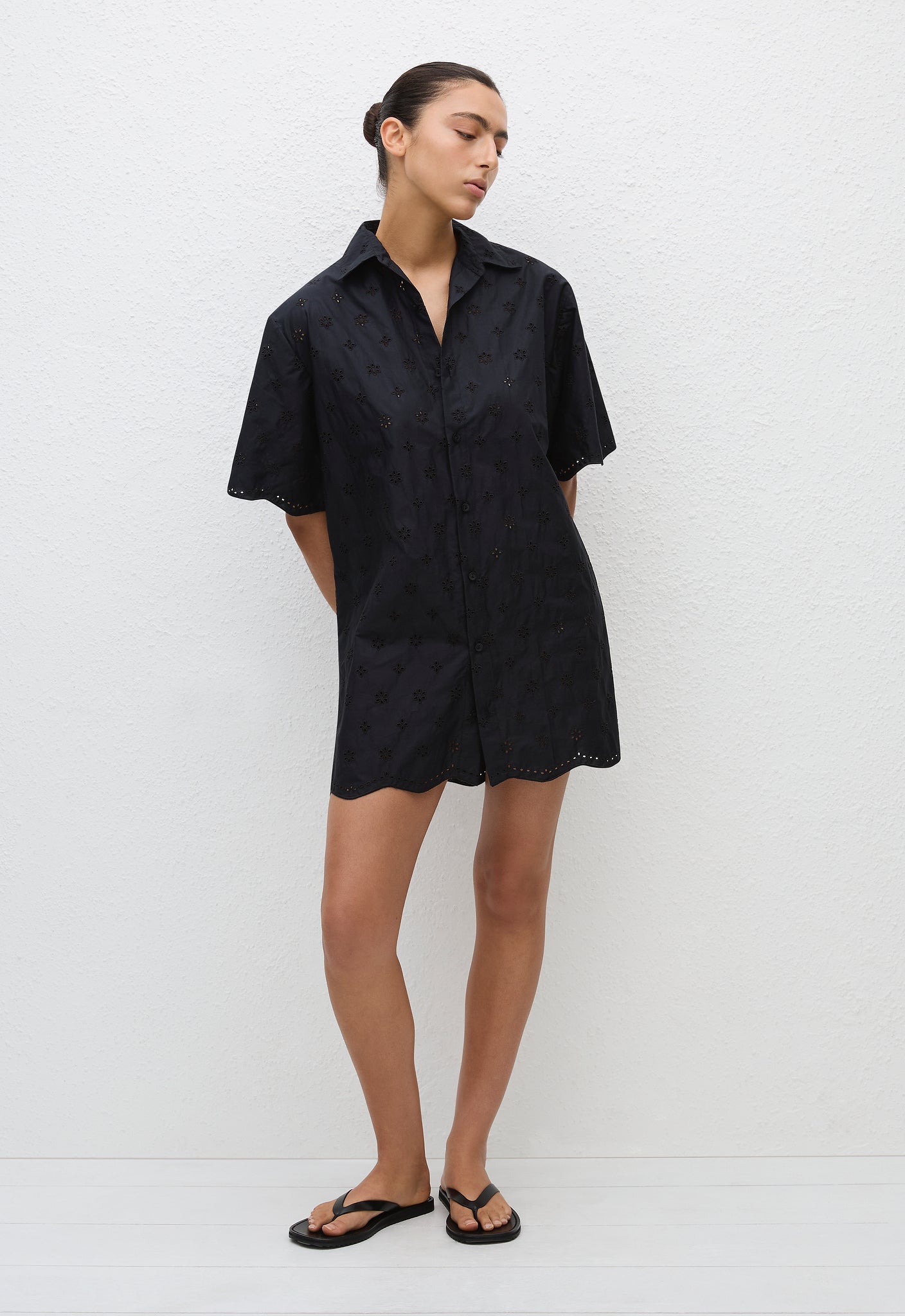 Broderie Mini Shirt Dress - Floral Broderie (Black) - Matteau