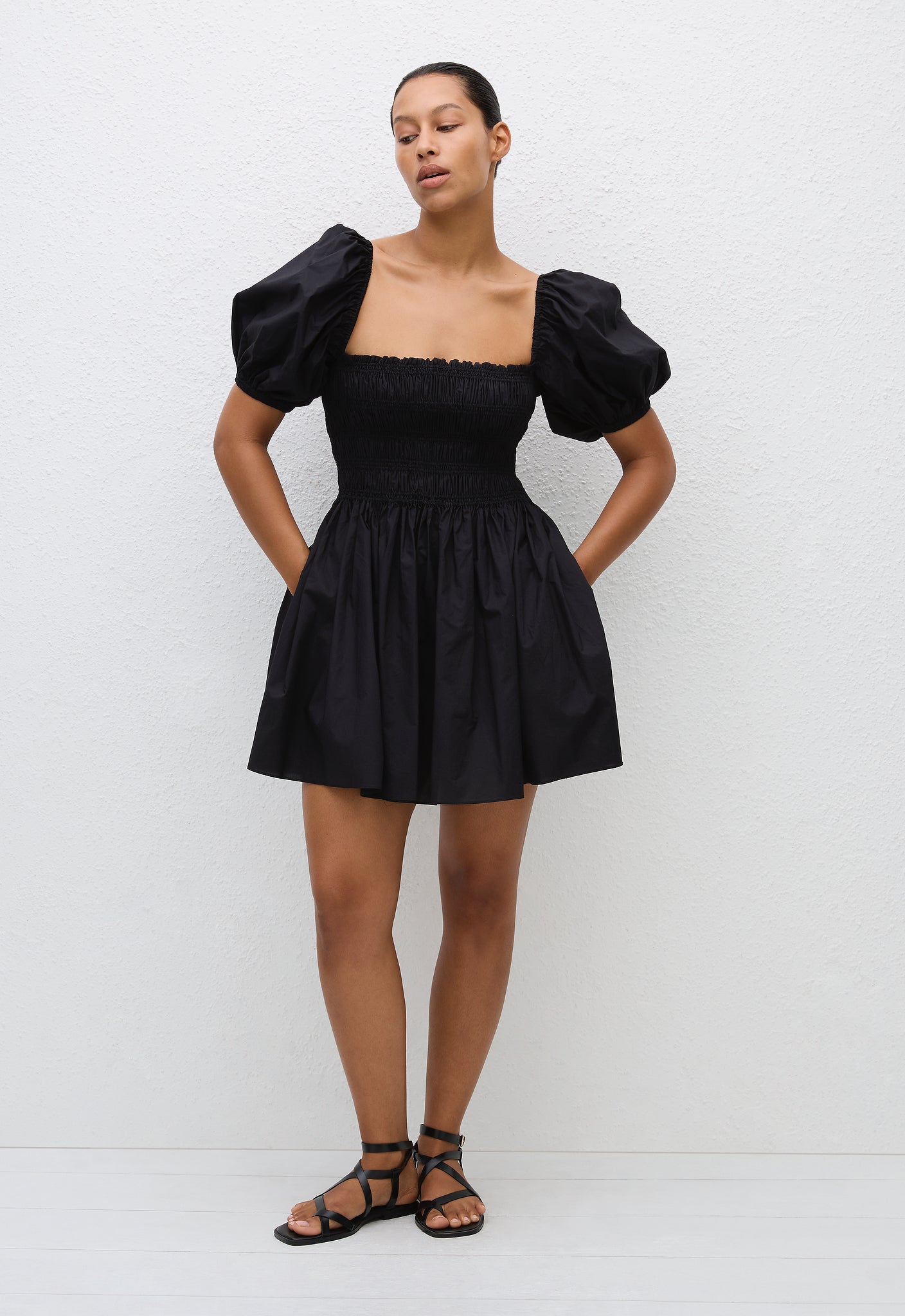 Shirred Peasant Mini Dress - Black - Matteau