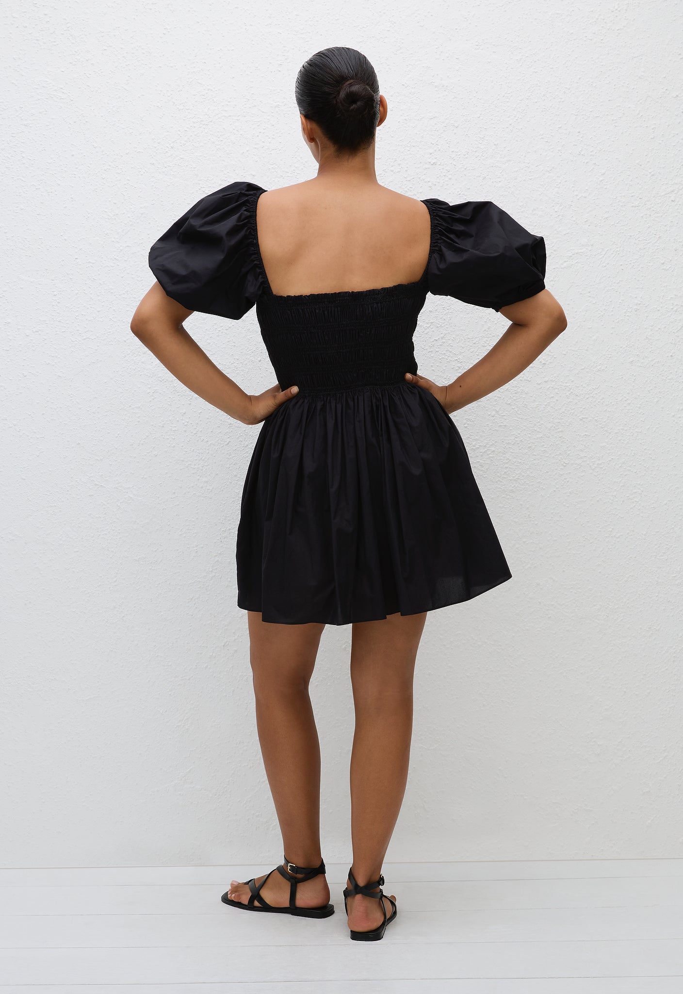 Shirred Peasant Mini Dress - Black - Matteau