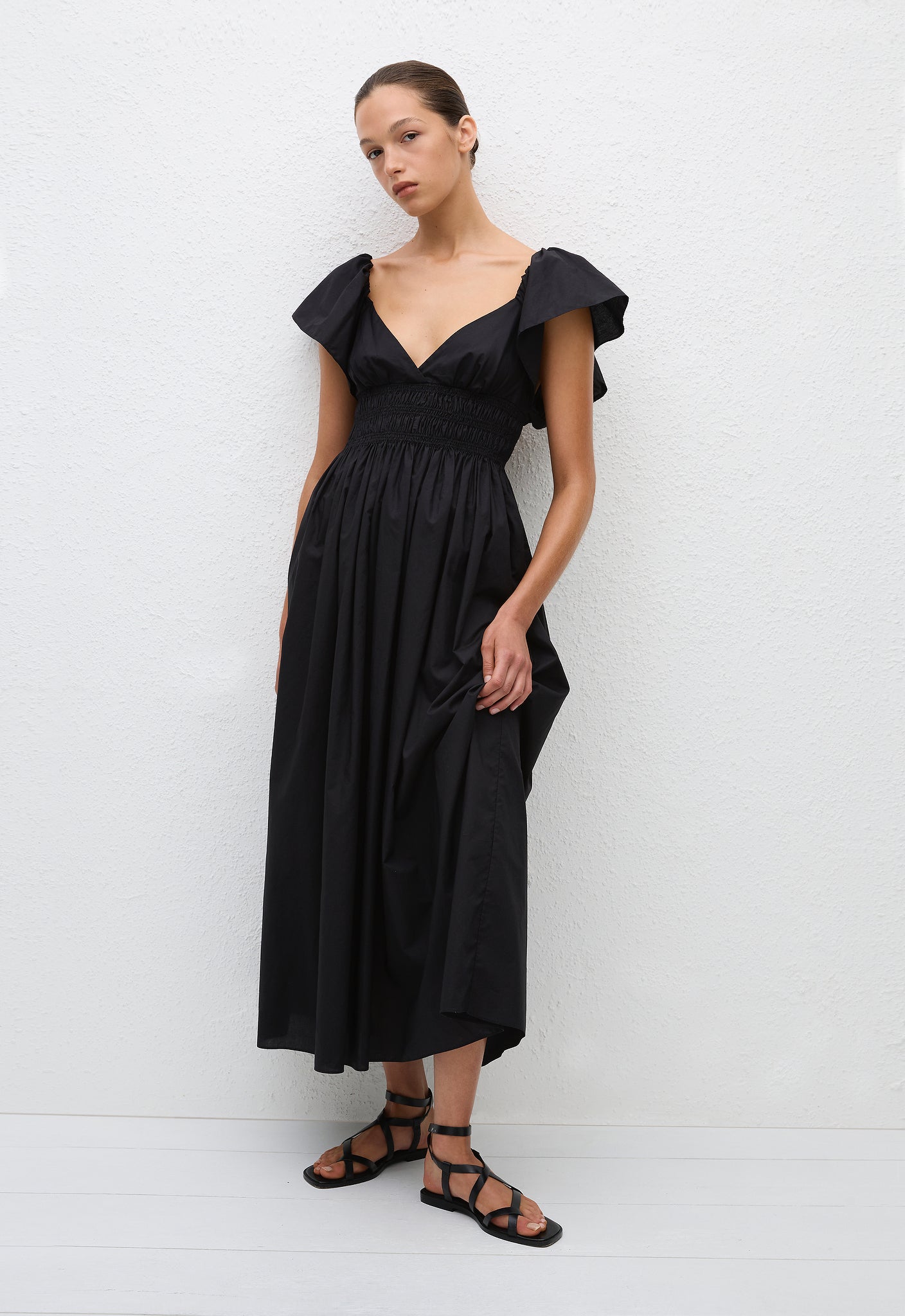 Flutter Sleeve Midi Dress - Black - Matteau