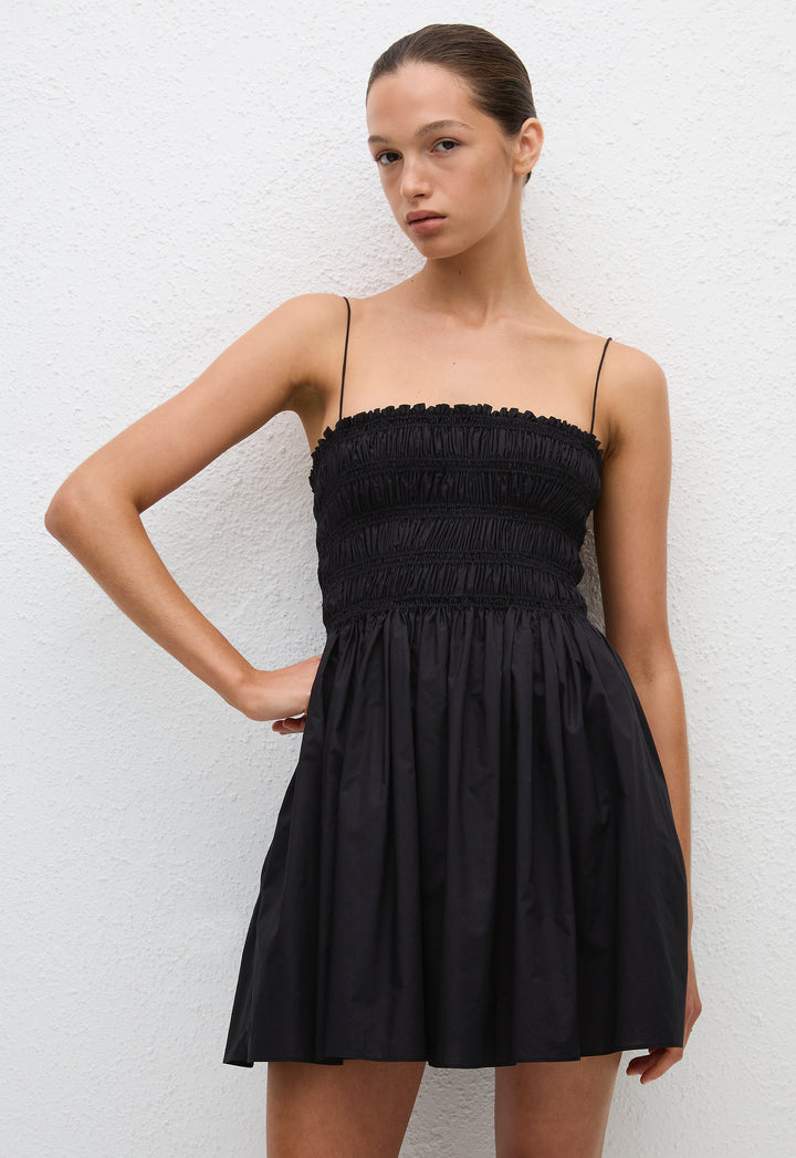 Shirred Bodice Mini Dress - Black