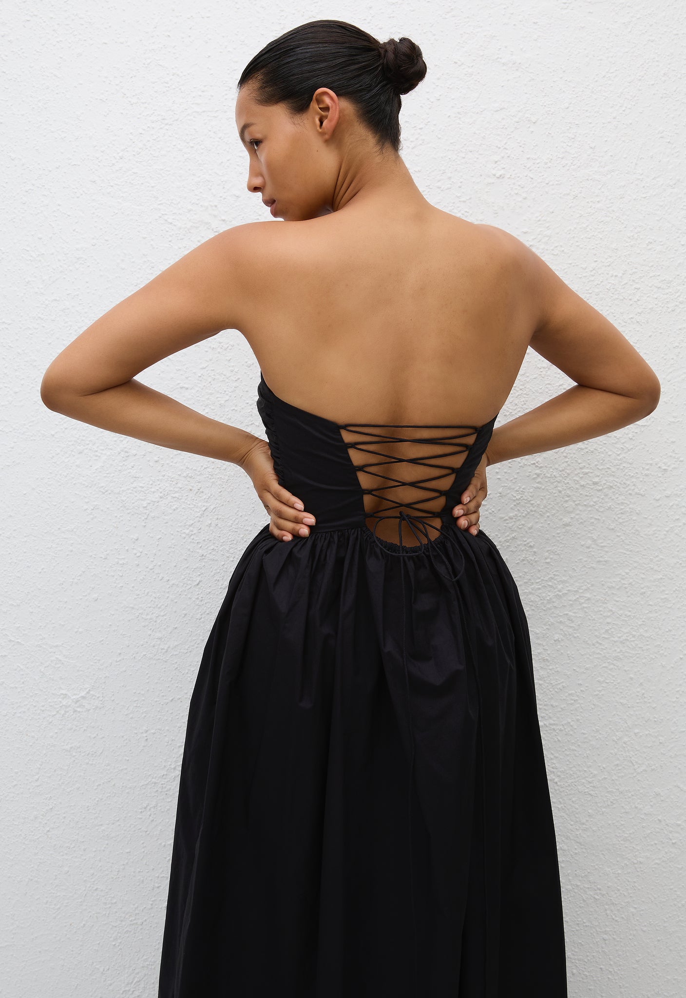 Strapless Lace Up Dress - Black - Matteau