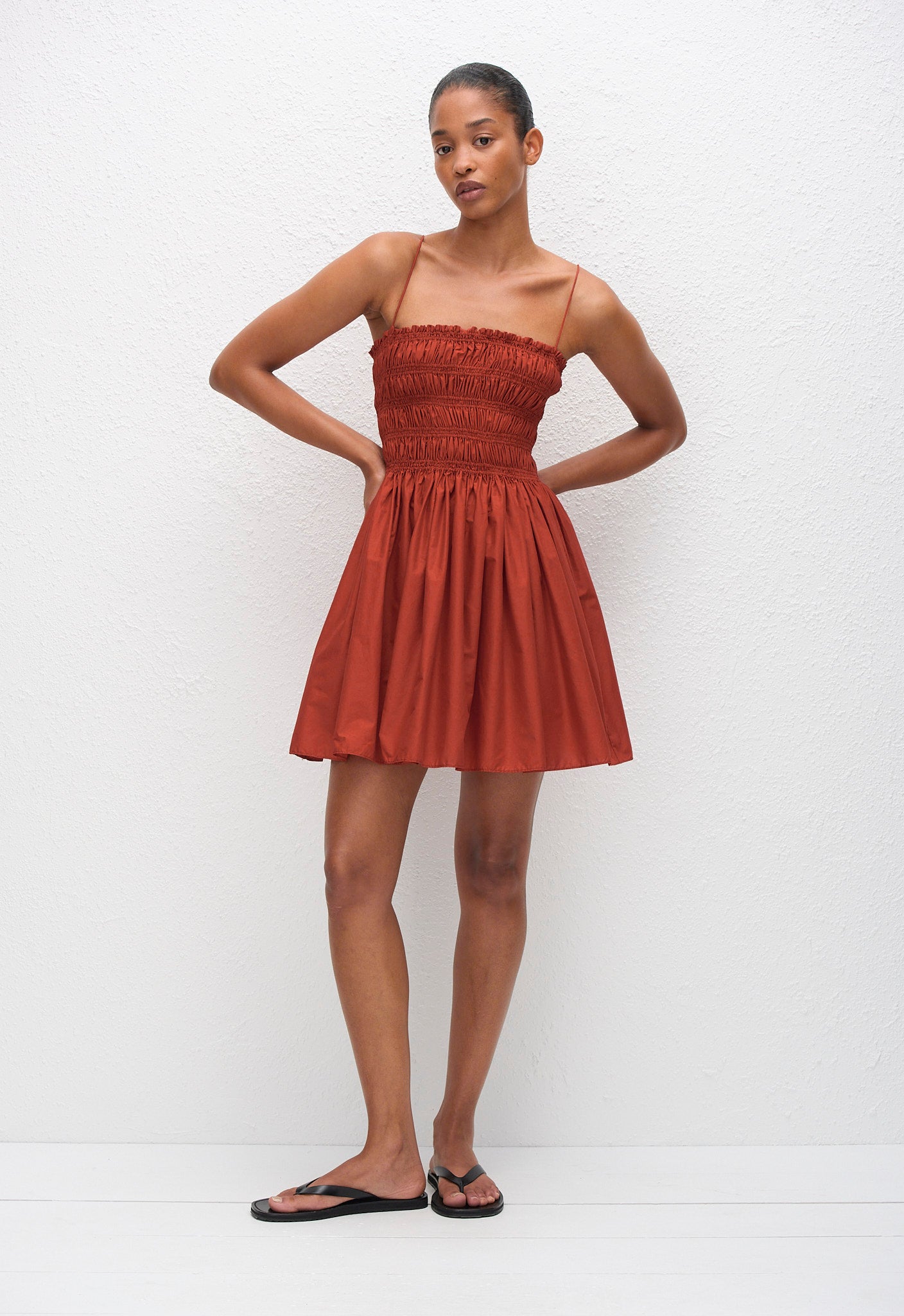 Shirred Bodice Mini Dress - Tomato - Matteau