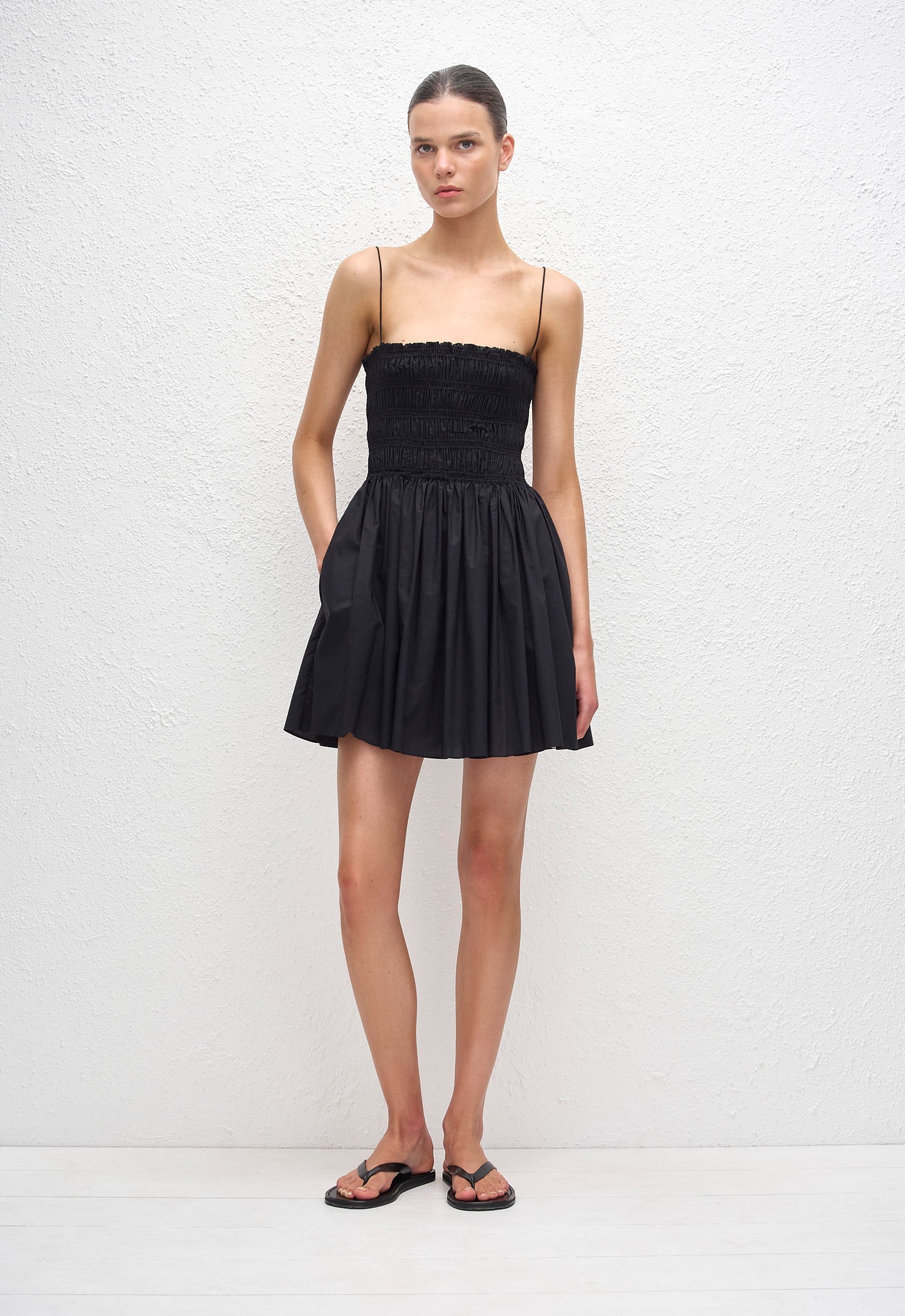 Shirred Bodice Mini Dress - Black