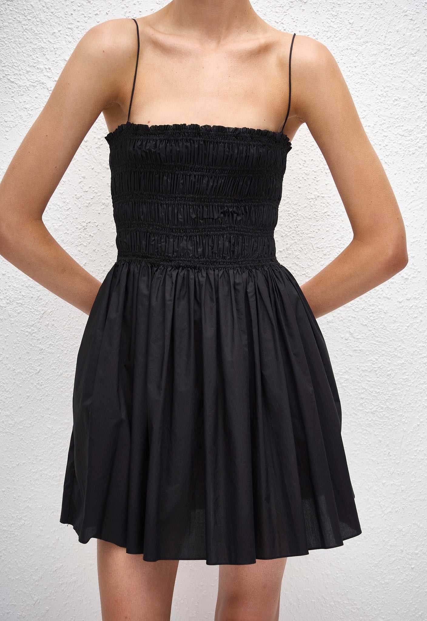 Shirred Bodice Mini Dress - Black