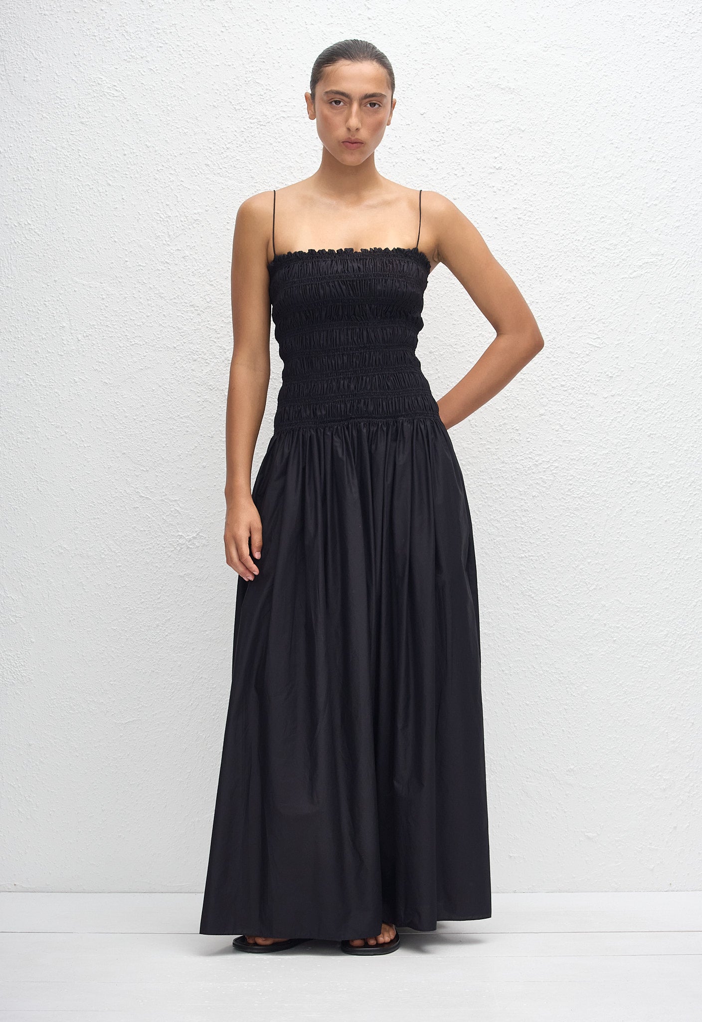 Shirred Drop Waist Dress - Black - Matteau