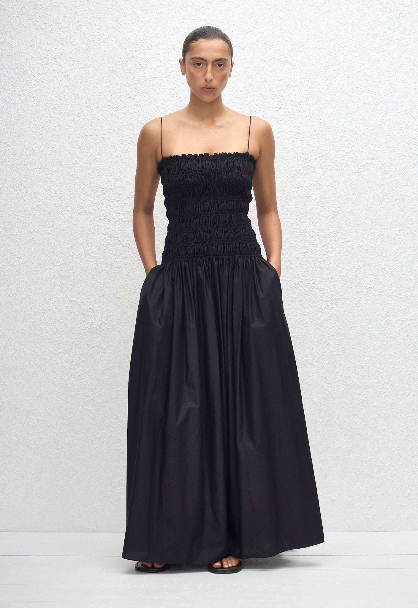 Shirred Drop Waist Dress - Black
