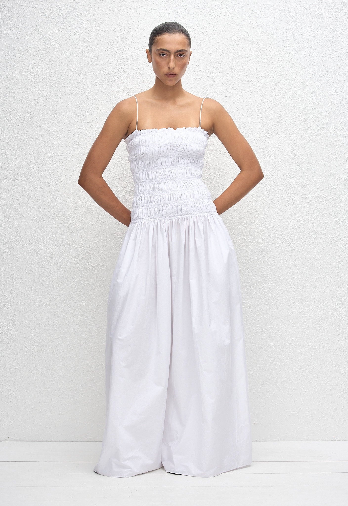 Shirred Drop Waist Dress - White
