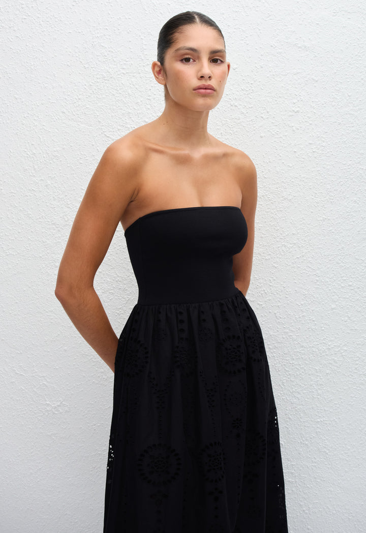white christmas dresses Strapless Knit and Broderie Dress - Black