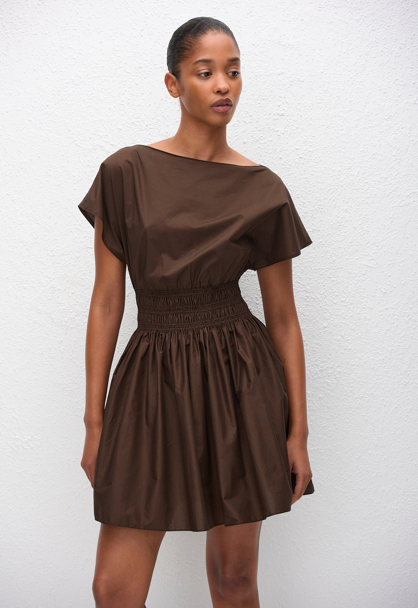 Shirred Waist Mini Dress - Chocolate - Matteau