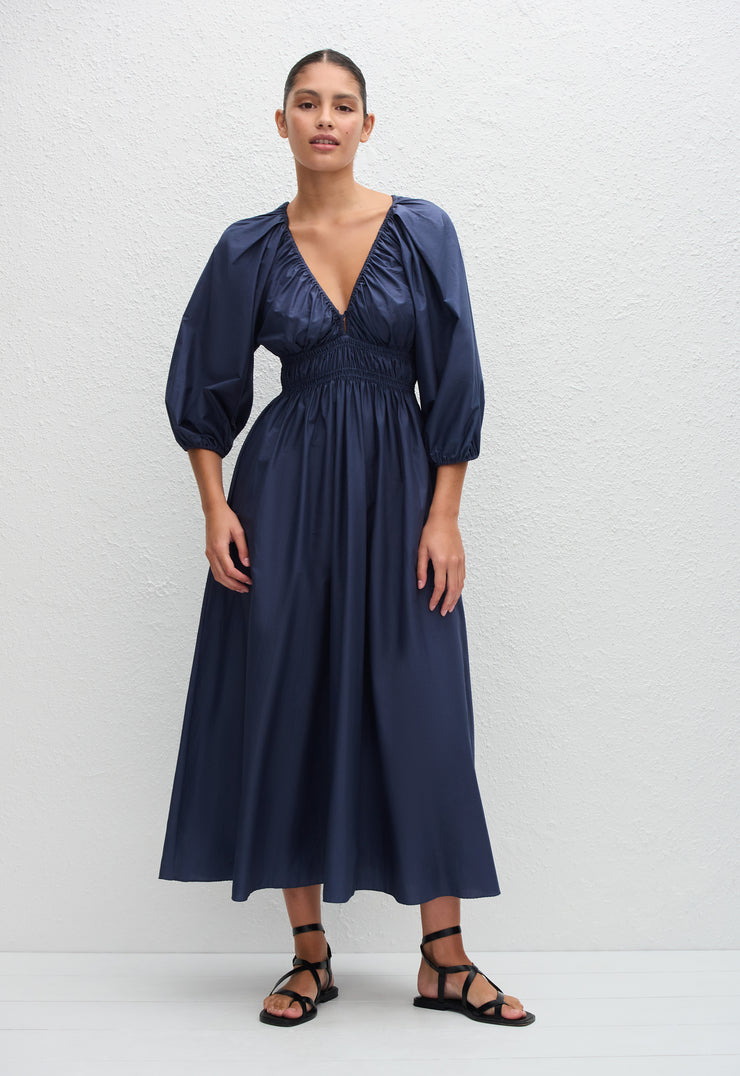 Shirred Plunge Button Dress - Dusk - Matteau