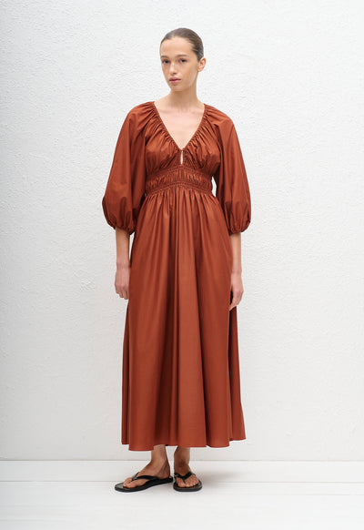 Shirred Plunge Button Dress - Garnet - Matteau