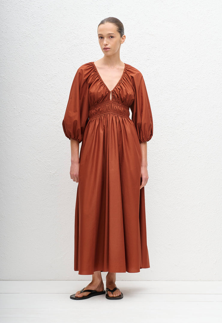 Shirred Plunge Button Dress - Garnet - Matteau