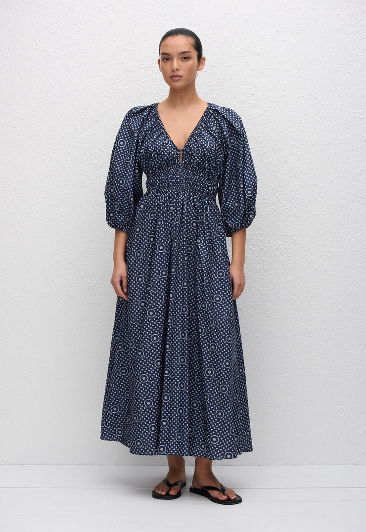Shirred Plunge Button Dress - Bluebell - Matteau