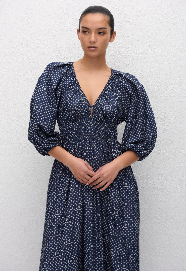 Shirred Plunge Button Dress - Bluebell - Matteau