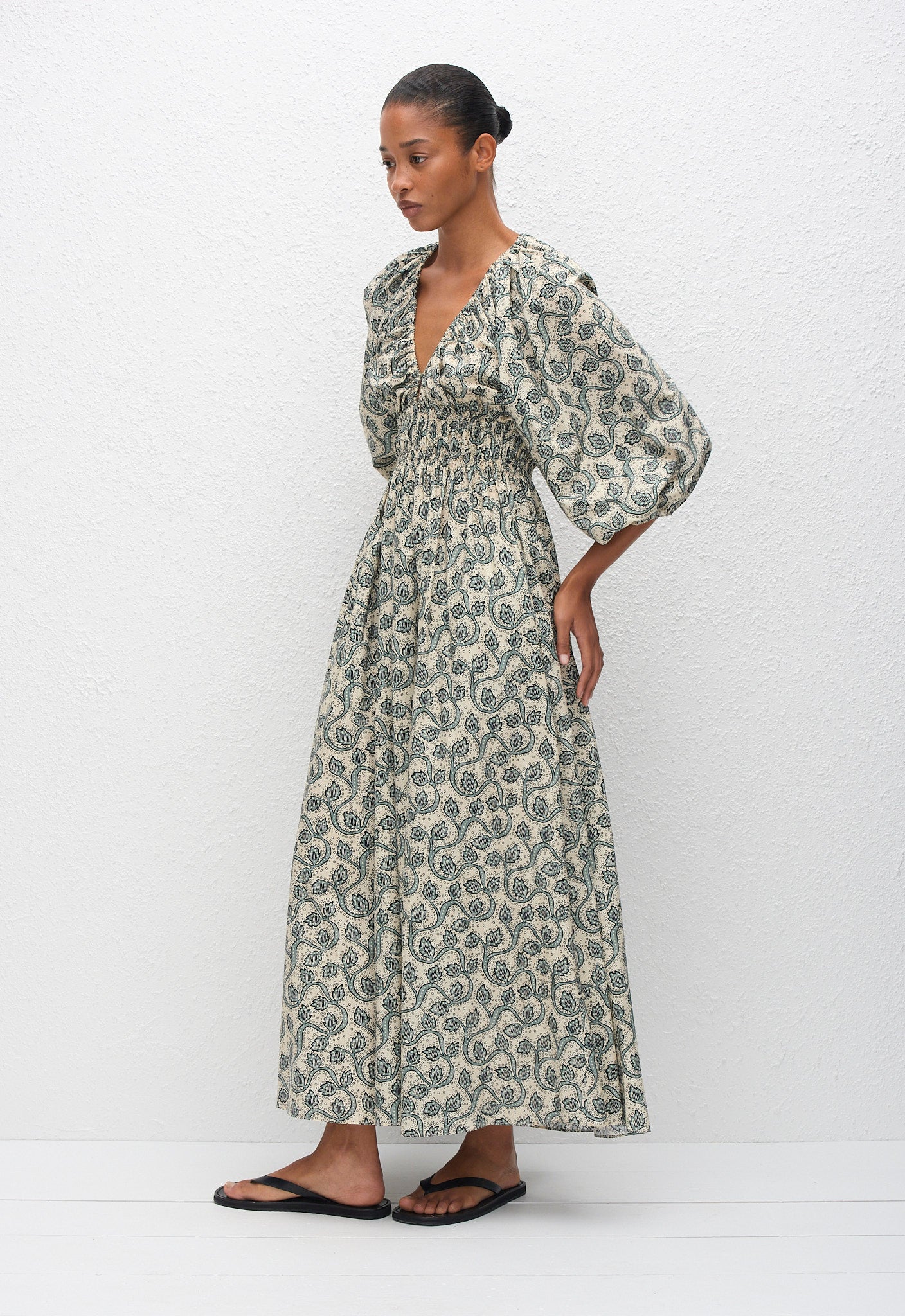 Shirred Plunge Button Dress - Vine - Matteau