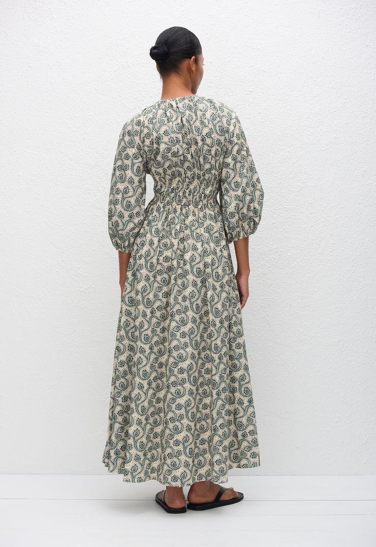 Shirred Plunge Button Dress - Vine - Matteau