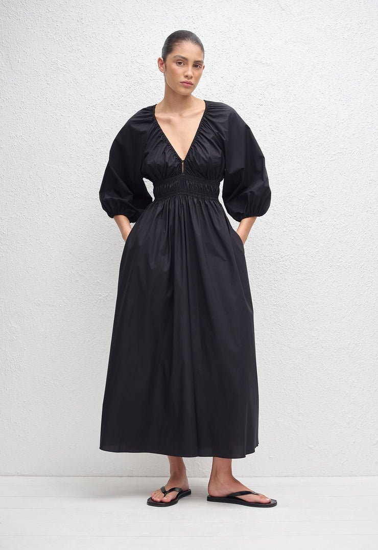 Shirred Plunge Button Dress - Black - Matteau