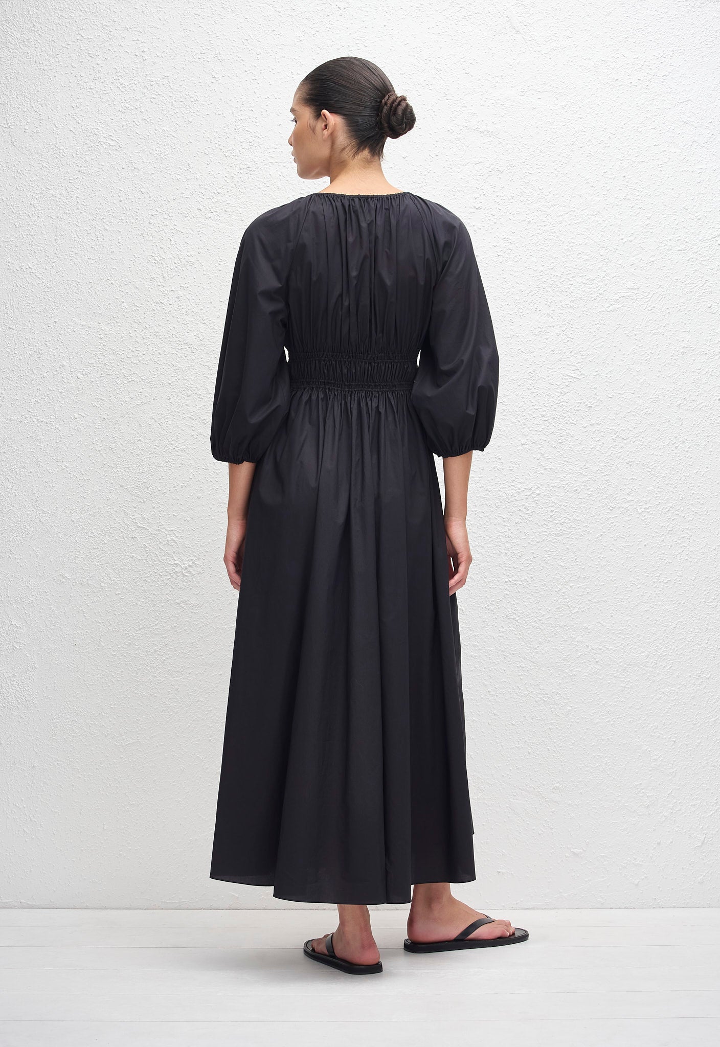 Shirred Plunge Button Dress - Black - Matteau