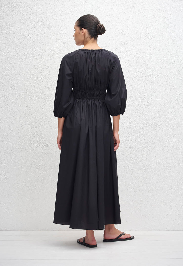Shirred Plunge Button Dress - Black - Matteau