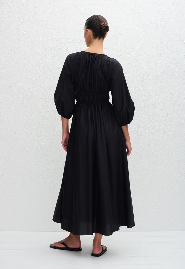 midi monteau button down dress black Shirred Plunge Button Dress - Black