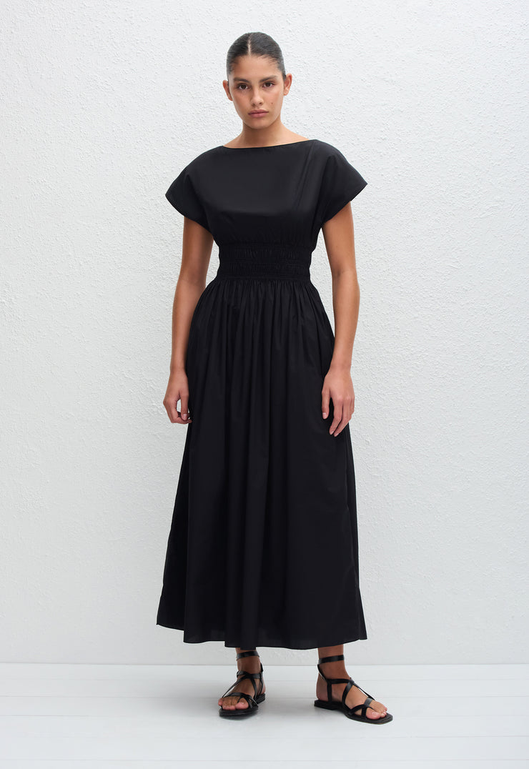 Shirred Waist Midi Dress - Black - Matteau