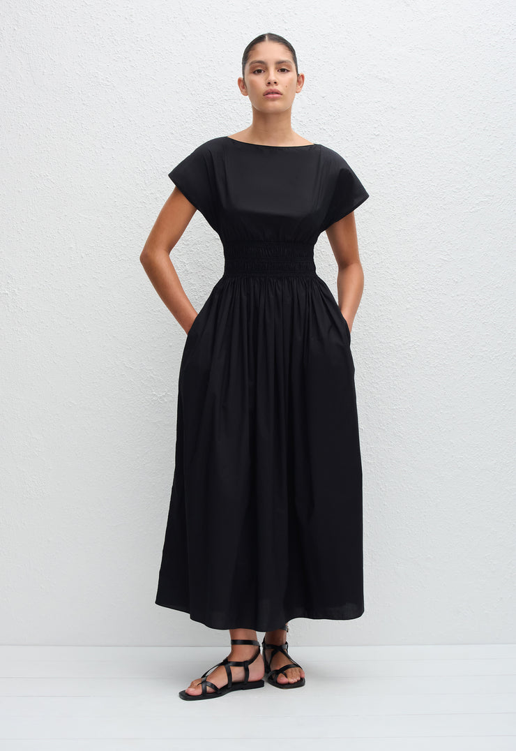 Shirred Waist Midi Dress - Black - Matteau