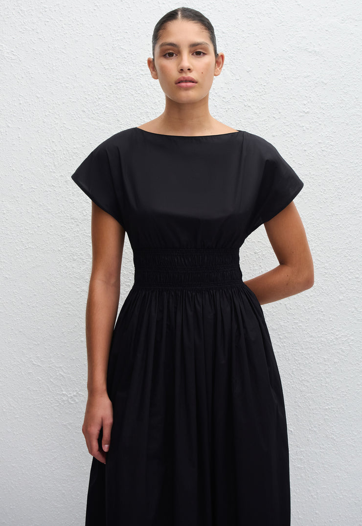 Shirred Waist Midi Dress - Black - Matteau