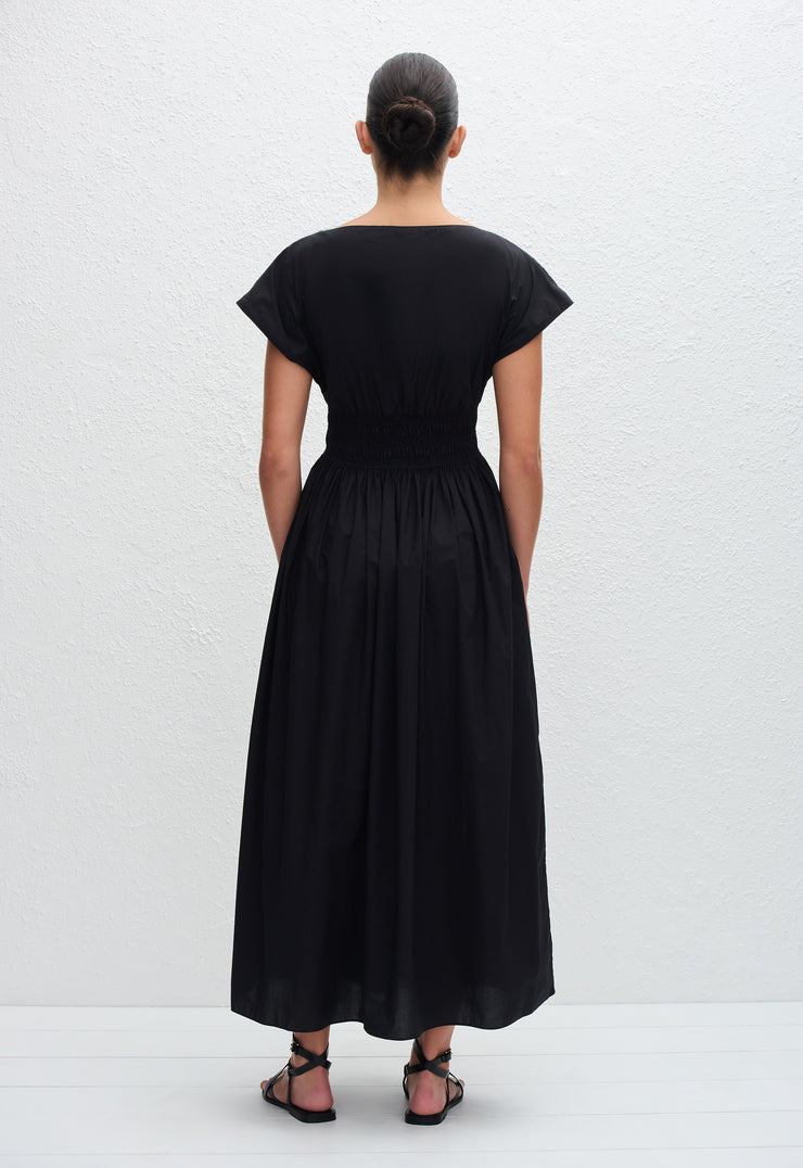 Shirred Waist Midi Dress - Black - Matteau