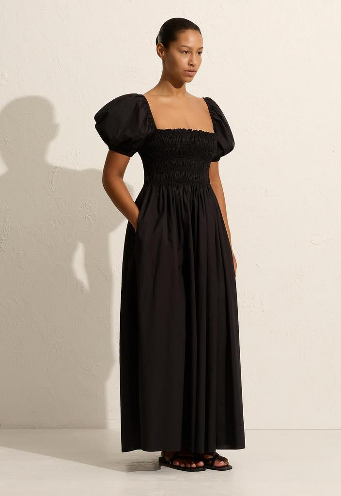 Shirred Bodice Peasant Dress - Black - Matteau