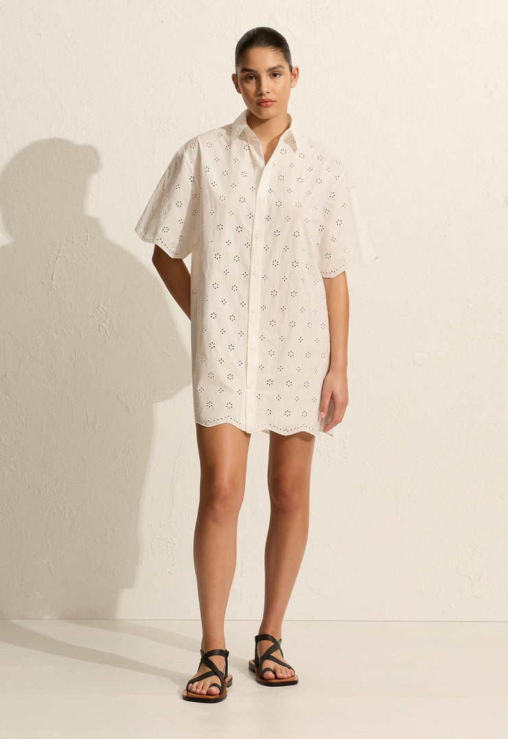 Broderie Mini Shirt Dress - Floral Broderie (White) - Matteau