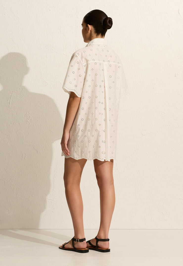 Broderie Mini Shirt Dress - Floral Broderie (White) - Matteau