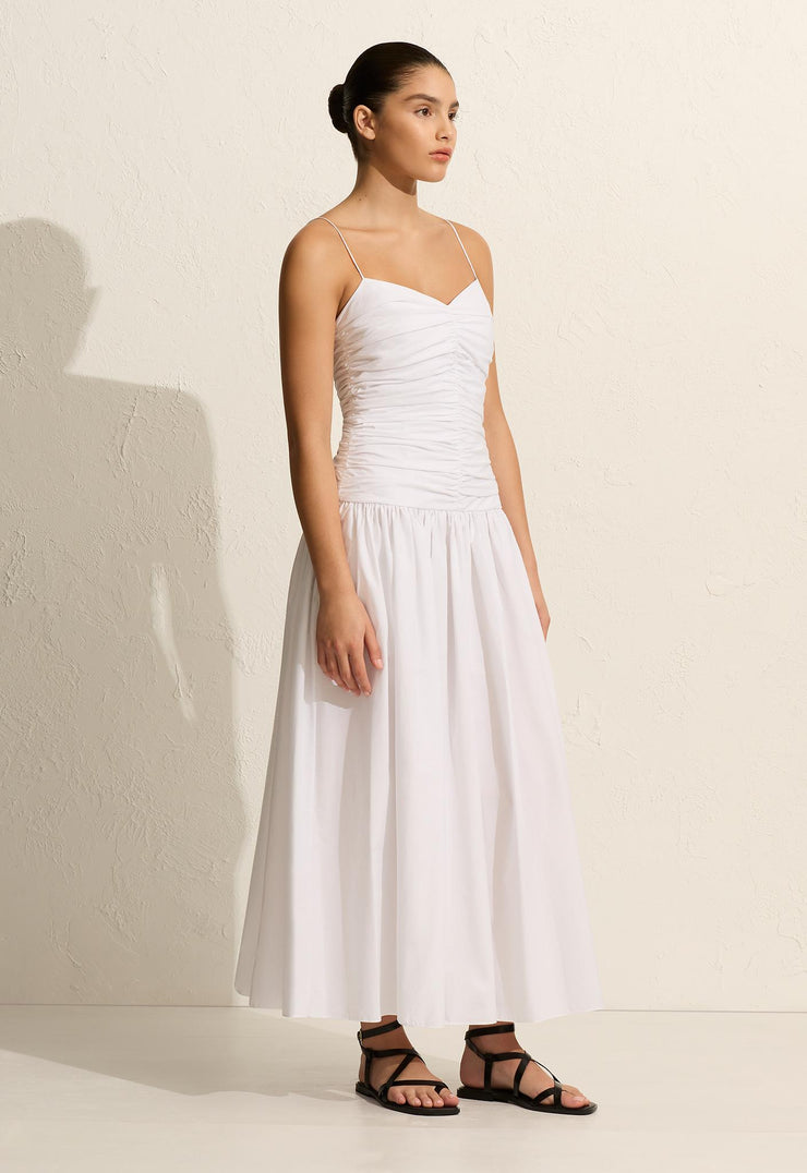 Gathered Drop Waist Dress - White - Matteau