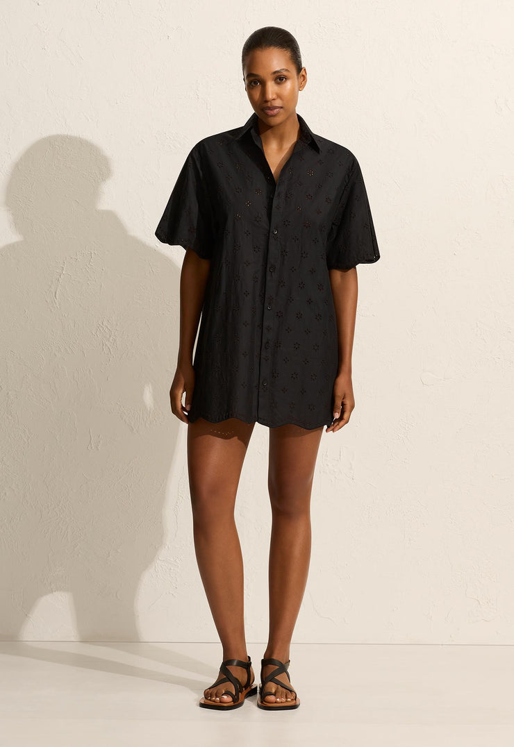 Broderie Mini Shirt Dress - Floral Broderie (Black) - Matteau